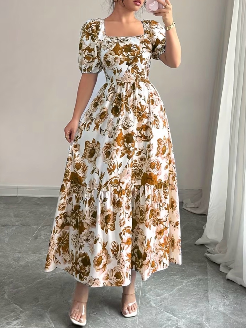 Floral Puff-Sleeve Maxi Dress in White and Olive
